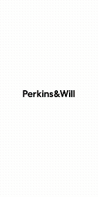 The image shows the logo 'Perkins&Will' in black font centered on a white background. It is associated with photos related to the University of British Columbia Gateway project in Vancouver, BC